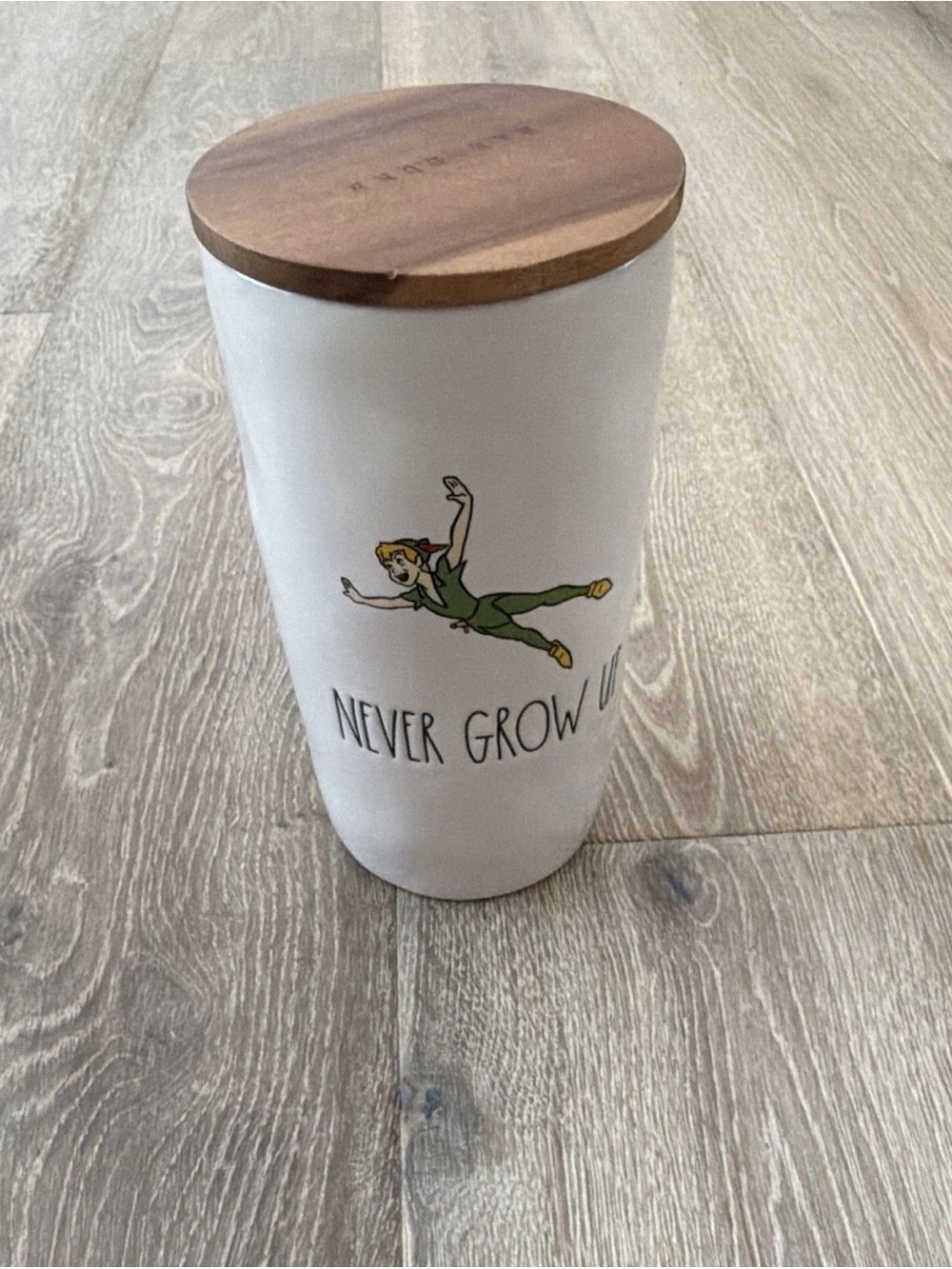 Rae Dunn White Ceramic Canister with Wood Lid - Never Grow Up Peter Pan Art
